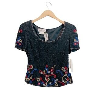 Lawrence PARIS Kazar Sequines Beaded Embroidered Black Top Blouse Small Y2K